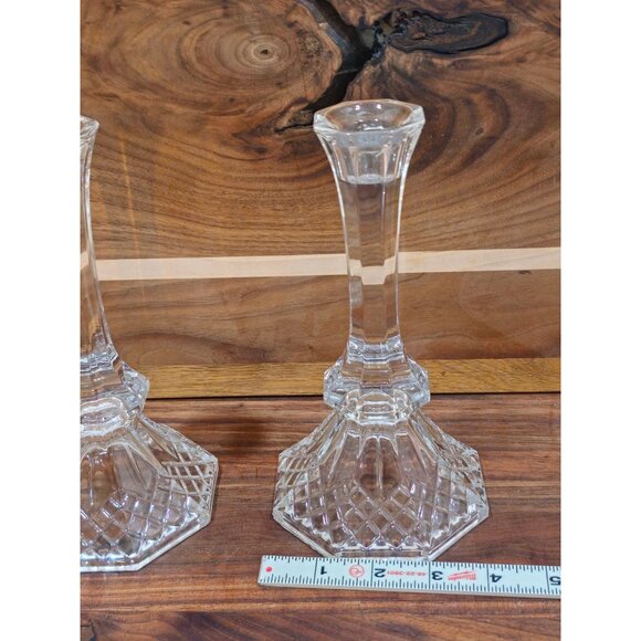 Vintage Cut Glass Crystal Candle Holders With Hexagonal Bases & Heart Detail - Picture 4 of 6